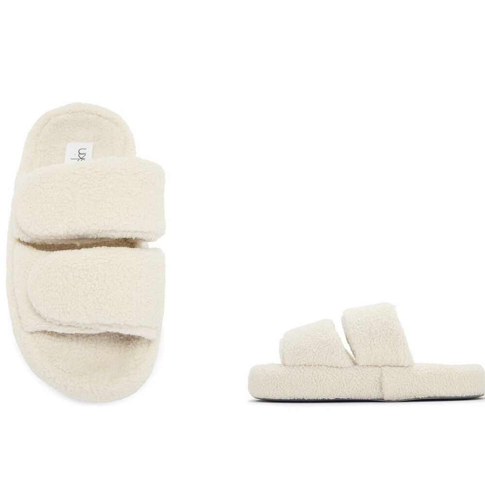 Skin Platform Slide Slippers L Plush Fleece Cozy Lounge House Shoes Ivory Vera